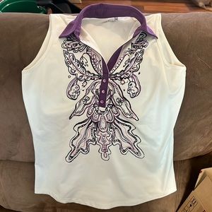 White tank with purple and pink accent with a purple Skort